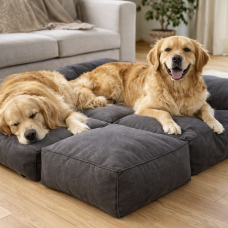 Twee honden liggen ontspannen op een modulair lounge bed met losse kussens.