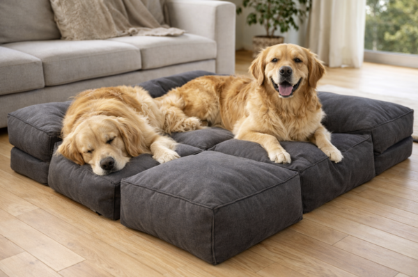 Twee honden liggen ontspannen op een modulair lounge bed met losse kussens.