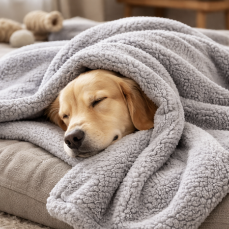 Comfortabele hond ligt warm en ontspannen onder het WarmPaw fleece deken, geschikt voor honden en katten.