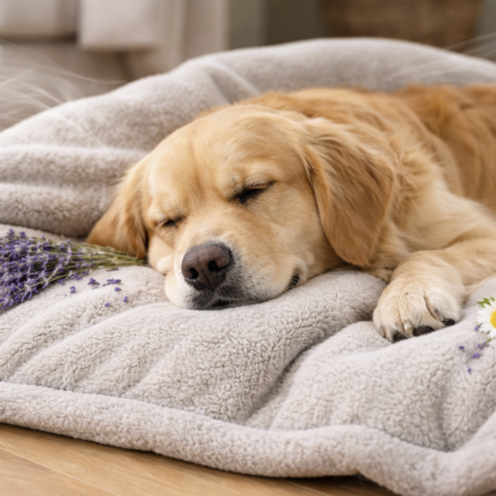 Hond ligt ontspannen op een zachte scented comfort blanket met rustgevende geur.