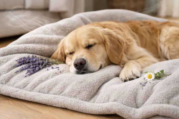 Hond ligt ontspannen op een zachte scented comfort blanket met rustgevende geur.