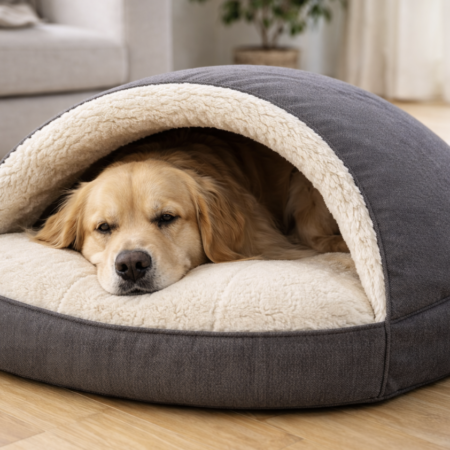 Hond ligt knus en ontspannen in een zacht hondenhol in iglo-vorm.