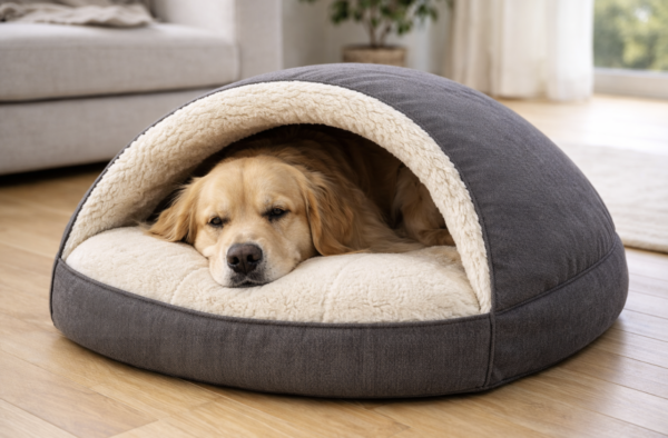Hond ligt knus en ontspannen in een zacht hondenhol in iglo-vorm.