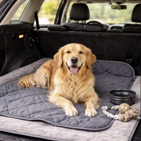 Hond ligt comfortabel op een opvouwbare reisdeken in de auto.