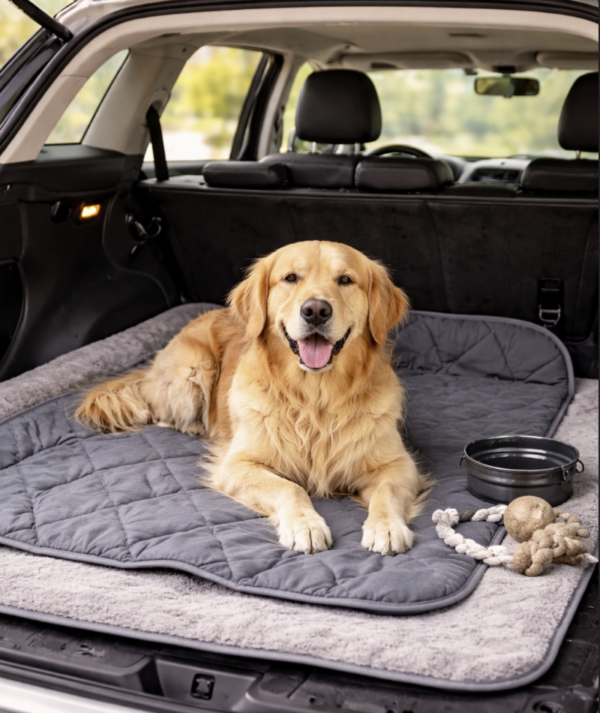 Hond ligt comfortabel op een opvouwbare reisdeken in de auto.